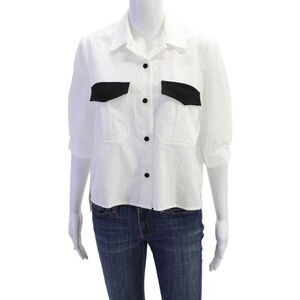 Kimberly Taylor Womens Collared Contrast Pocket Cropped Blouse White Size XS